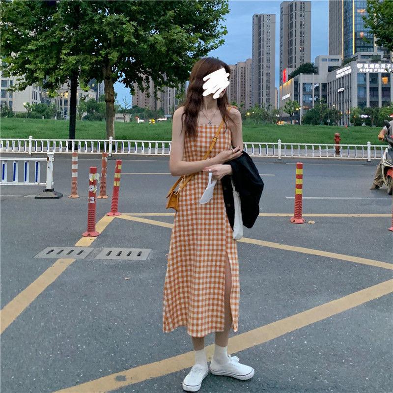 Summer First Love Sling Dress Female Plaid Slit Waist Is Thin and Gentle Style Long Dress