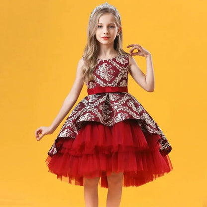 Lace Embroidery Formal Sleeveless Wedding Gown Tutu Princess Dress Flower Girls Children Clothing Kids Party for Girl Clothes
