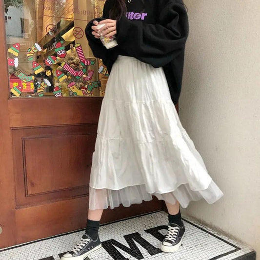 Women Skirts Summer Female Paneled Mesh A-line Skirt Girls Preppy Style Loose Black Skirts Elastic High Waist Pleated Skirt