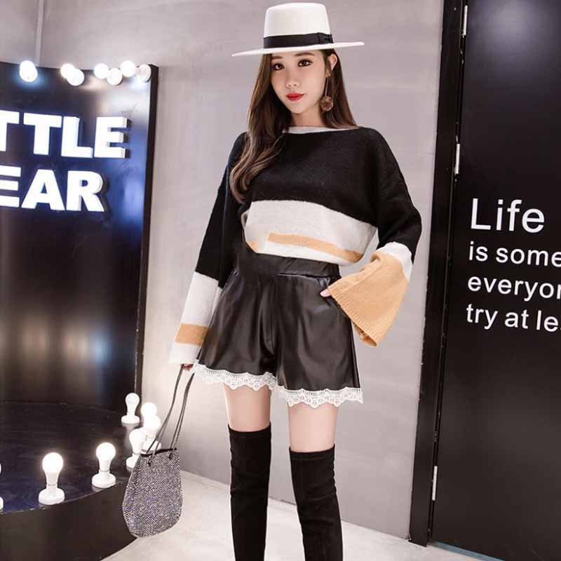 Leather Shorts Women's Autumn and Winter Chic Was Thin A Word Wide Leg Pants Lace Edge Pu Leather Pants Ulzzang Tide Pants