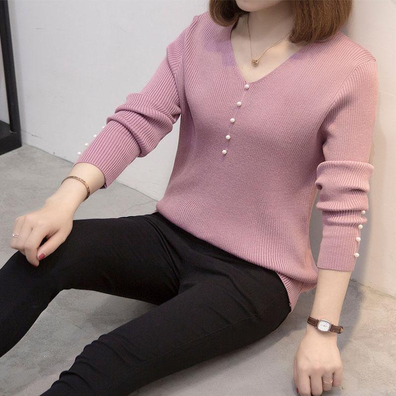 Sweater Women's Pullover Knitwear Korean Version Solid Color Fluffy Button V-neck Trending Sweater Autumn Winter Purple Sweater