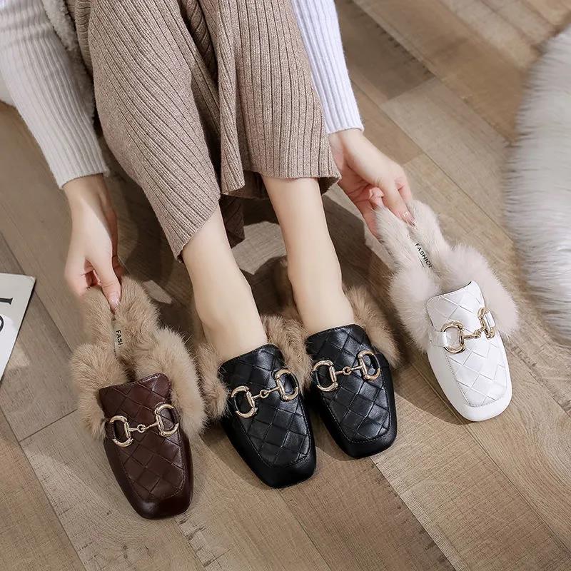 Women's Autumn and Winter Furry Fashion Cotton Slippers with Slippers Indoor and Outdoor Casual Flat Shoes Soft Shoes