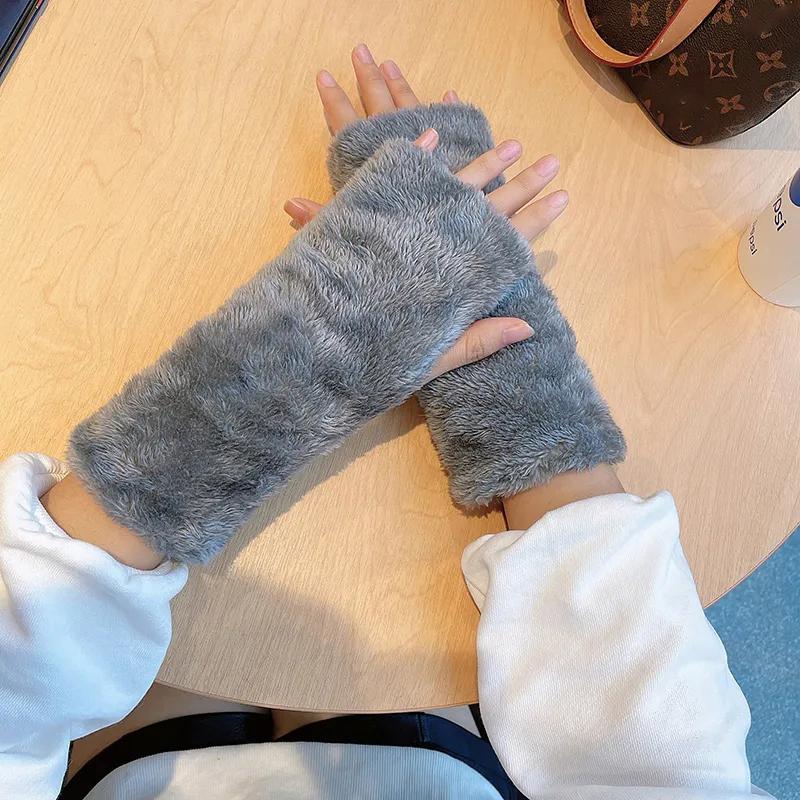 Winter Gloves Women Thick Plush Warm Gloves Long Arm Cover Fingerless Gloves