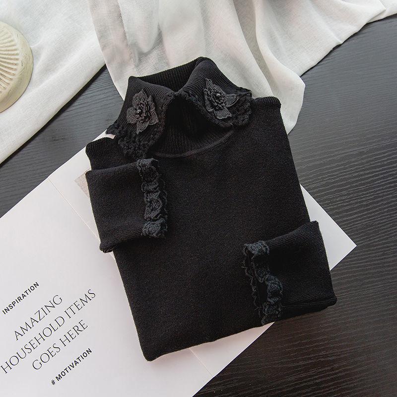 Women's Turtleneck Sweater Lace Hook Knit Sweater Short Beaded Pullover Jumper Sweet Slim-fit Knitwear Bottoming or Outwear