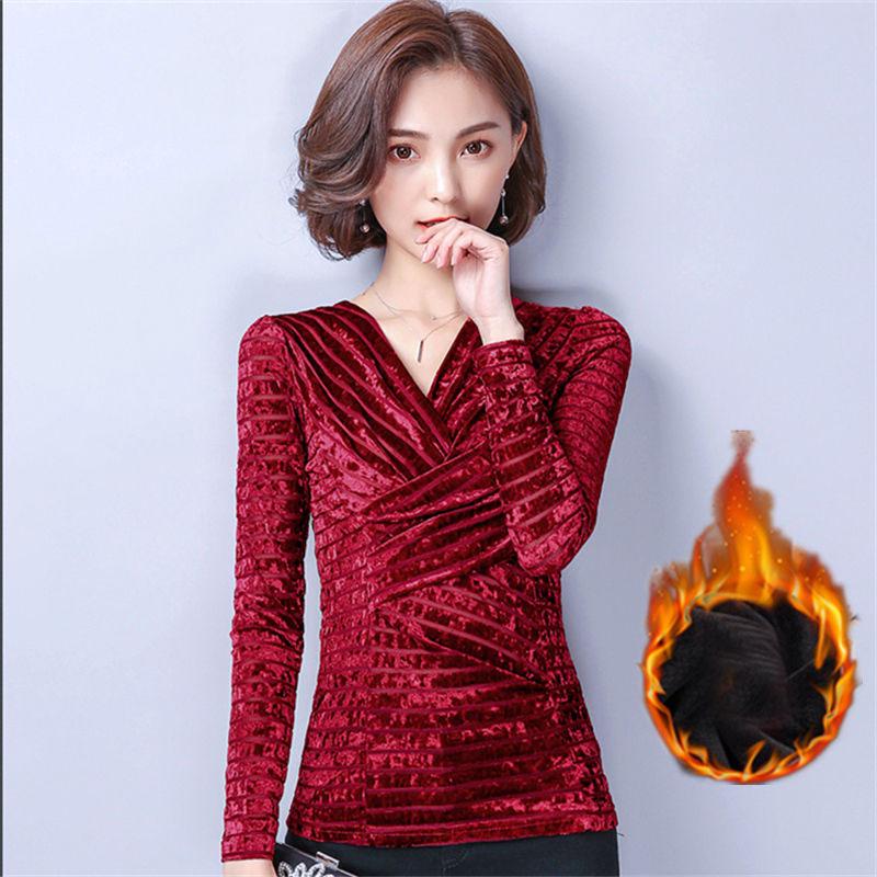Autumn Winter Plus Velvet Pullover Long-sleeve V-neck Velvet Blouse Slim Plus Size  Sweater Women