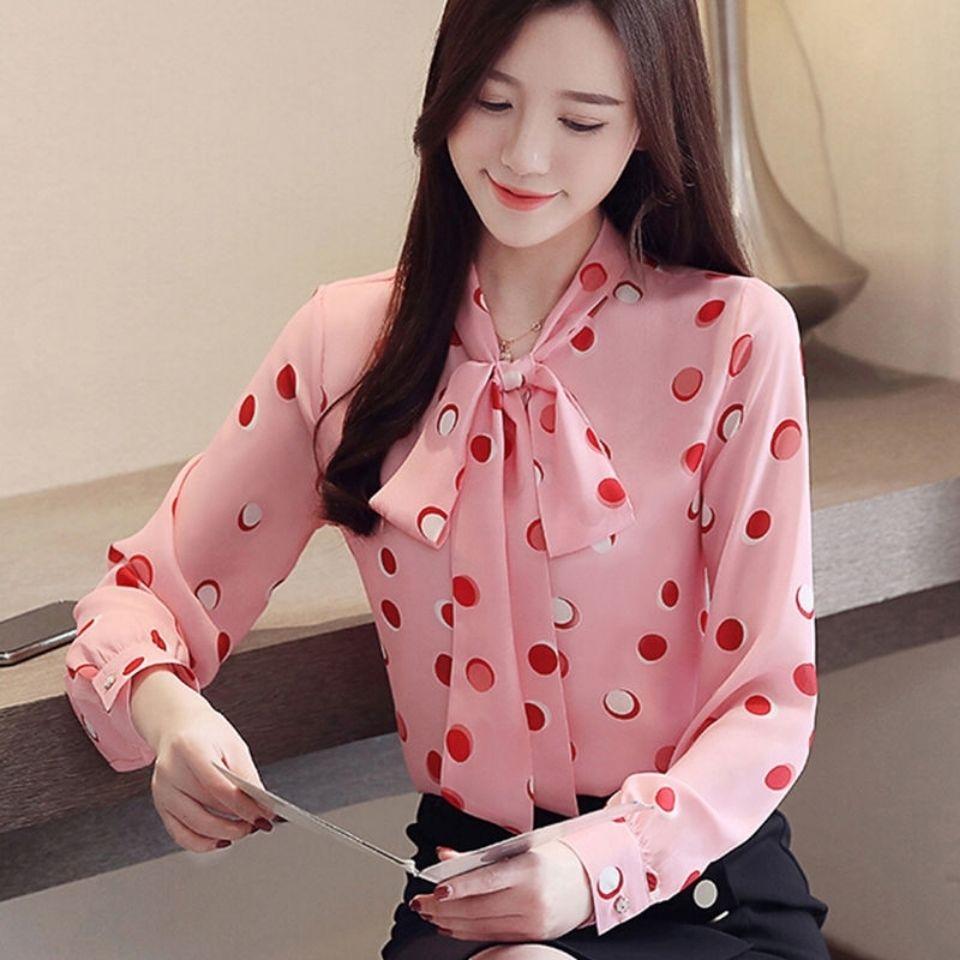 Korean Women's Long-sleeved Chiffon Shirt Lace-up Bow Women Blouse Lady Long Shirt Plus Size Casual Women Chiffon Blouse Puff Sleeve Blouse