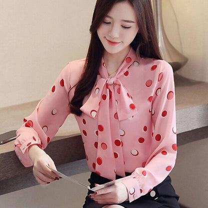 Korean Women's Long-sleeved Chiffon Shirt Lace-up Bow Women Blouse Lady Long Shirt Plus Size Casual Women Chiffon Blouse Puff Sleeve Blouse