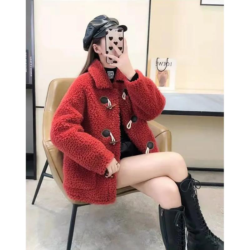 Women's Lamb Wool Coat Horns Buckle Sheared Wool Winter Korean Style Thick Square Collar Not Shed Hair Lapel Casual Loose Grain fleece Jacket Coat
