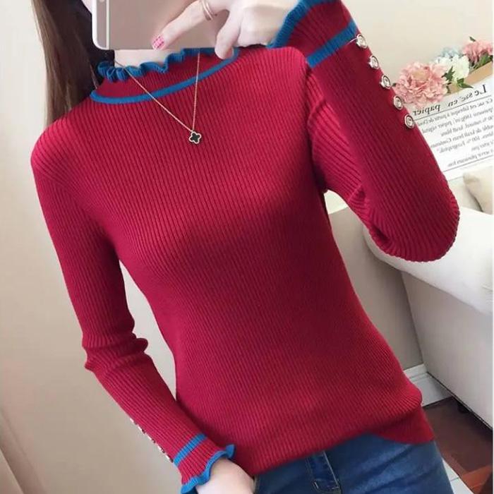 Autumn and Winter Slim-fit Padded Top Ruffled Long-sleeved Sweater All-match Base Sweater