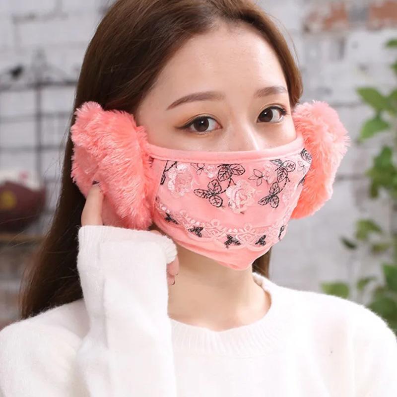 Women's Two-in-one Ear Protection Warm Lace Mask Autumn Winter Thickening Dust-proof Anti-fog Cold-proof Breathable Mask Face Mouth Mask