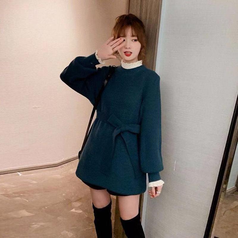 Autumn and Winter Korean Mid-length Red Knitted Sweater Women's Waist Lace Fake Two-piece Blouse