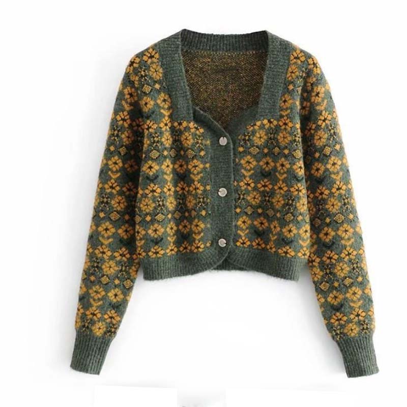 2021 New Autumn and Winter Women's French Temperament Square Neck Floral Retro Jacquard Knitted Cardigan Short Sweater Coat