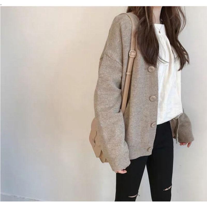 Spring and Autumn Fashion Top Loose V-neck Jacket Cardigan Simple Female Student Sweater