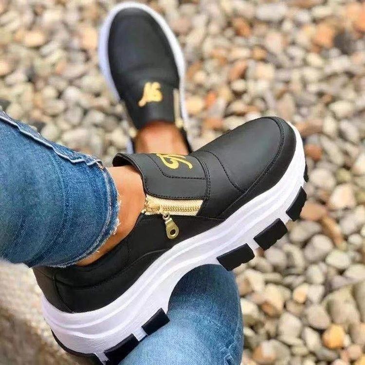 New Spring Black Wedges Sneakers Platform Women Shoes Thick Bottom Fashion Zipper Non-slip Casual Women Vulcanized Shoes