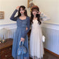 French Dress Korean Style Mid-length Long-sleeved Square Neckline Mesh  Receiving Waist Slim Skirt
