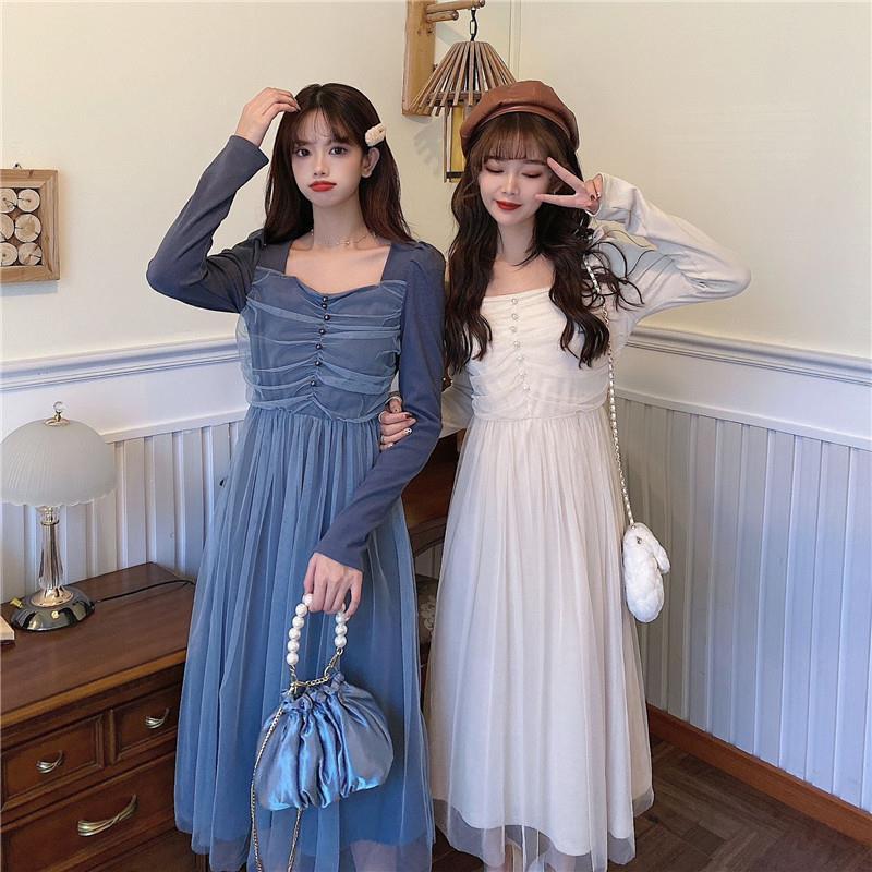 French Dress Korean Style Mid-length Long-sleeved Square Neckline Mesh  Receiving Waist Slim Skirt