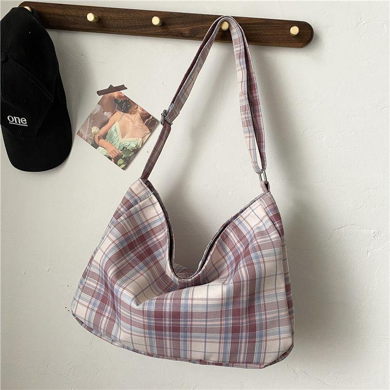 Women Canvas Bags Travel Casual Large Daily Shoulder Handbag Simple Hobo Bags Large-capacity Plaid Bag