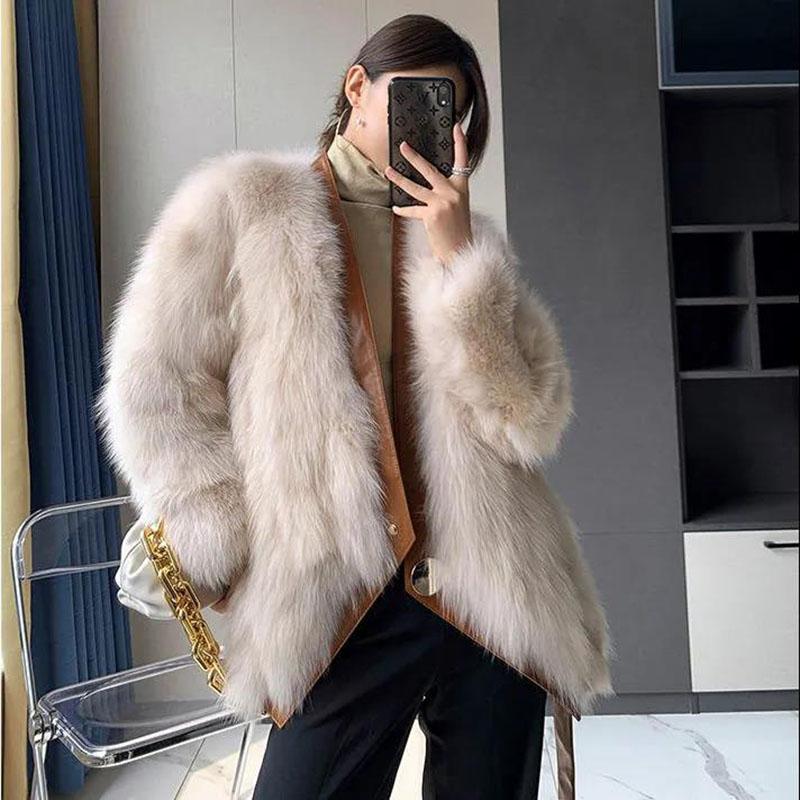Fur Coat Winter Ladies Retro Fashion V-neck Waist Thickened Warm Mid-length Fur All-in-one Plush Jacket