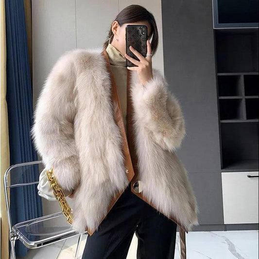 Fur Coat Winter Ladies Retro Fashion V-neck Waist Thickened Warm Mid-length Fur All-in-one Plush Jacket