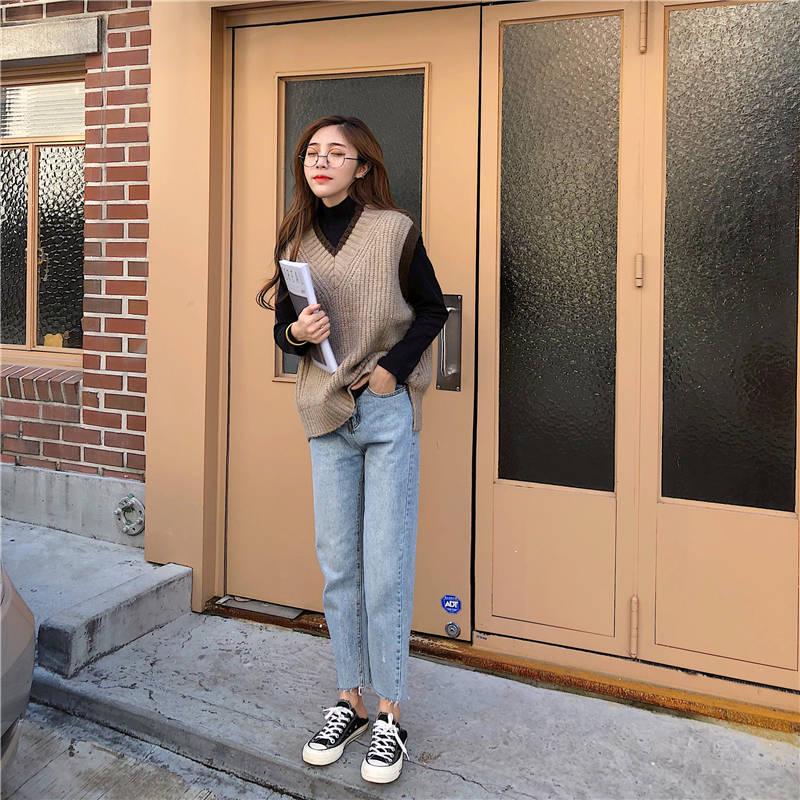 Pofulove Spring Autumn Korean Vest Knit Sweater V-neck Loose Vest Sweater Female Students Lazy Top