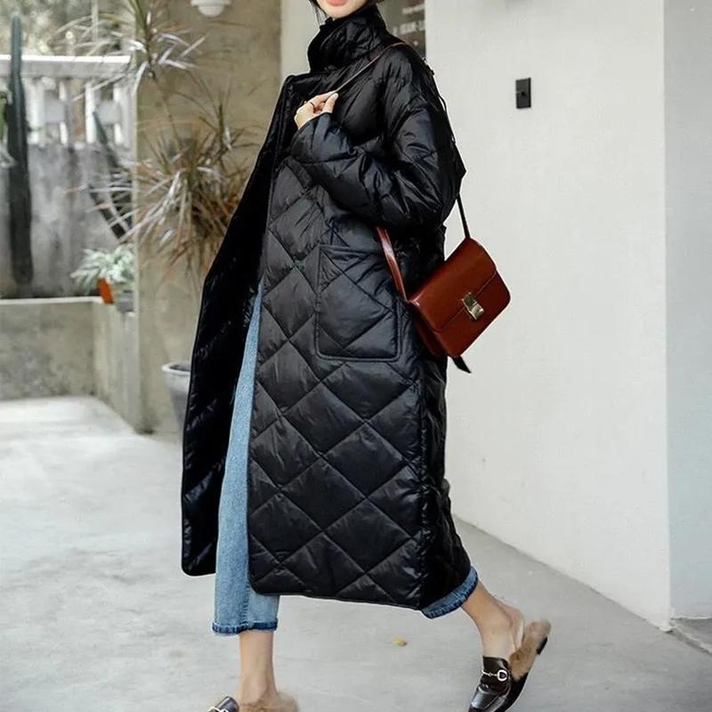 Casual Loose Argyle Hooded Parkas Women Fashion Solid Thick Long Coats Women Elegant Tie Belt Cotton Jackets Female Ladies