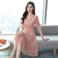 French Temperament Printed Dress Female Summer V-neck Slim Mid-length Dress Puff Sleeve A-line Skirt
