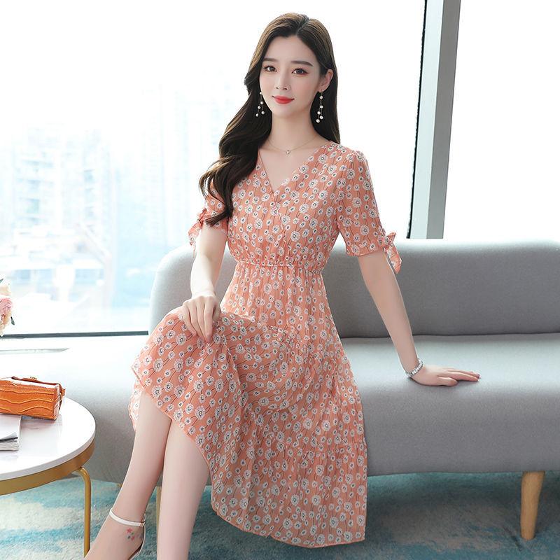 French Temperament Printed Dress Female Summer V-neck Slim Mid-length Dress Puff Sleeve A-line Skirt