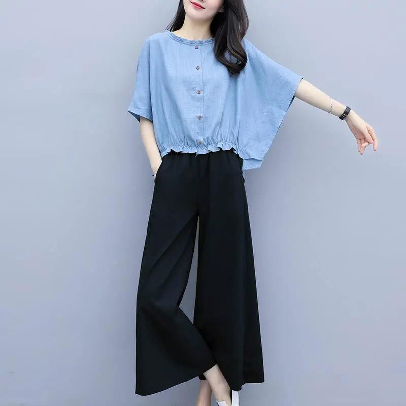 Suit Summer Cotton and Linen Large Size Loose Round Neck Short-sleeved Shirt Casual Wide-leg Pants Women's Suit Casual Suit