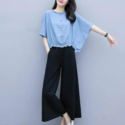 Suit Summer Cotton and Linen Large Size Loose Round Neck Short-sleeved Shirt Casual Wide-leg Pants Women's Suit Casual Suit