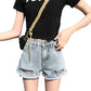 WTEMPO Women Loose  Solid Color Ripped Denim Shorts Spring and Summer Wide Leg A-line Thin Curled Bottom Casual Shorts