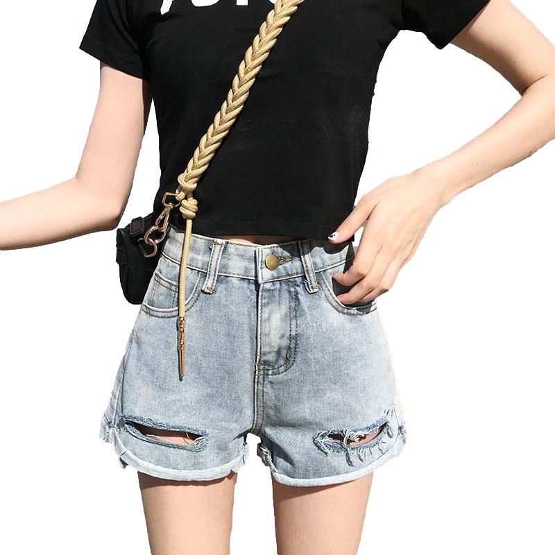 WTEMPO Women Loose  Solid Color Ripped Denim Shorts Spring and Summer Wide Leg A-line Thin Curled Bottom Casual Shorts