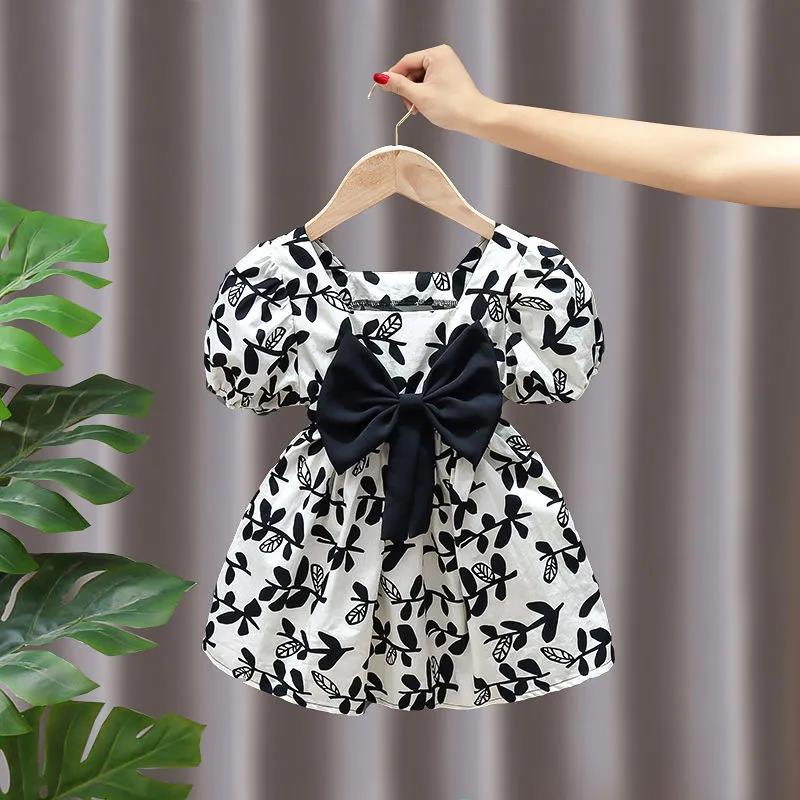 Girls Princess Dress Summer Thin Children's Bow Puff Sleeves Sweet Waist Dress Cute Two-Wear A-line Skirt