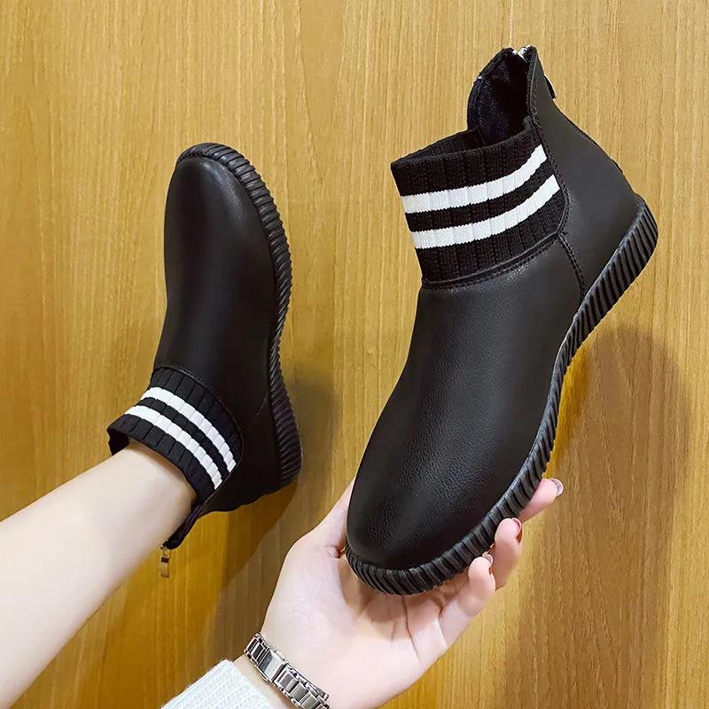 Soft Leather Martin Boots Women's Flat-bottomed British Style and Velvet Autumn and Winter Leather Cotton Shoes