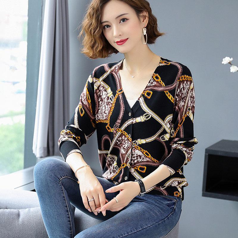 Women Printed  Cardigan Sweater Autumn Winter Long Sleeve V-Neck Casual Knitted Cardigan Elegant Female Tops Knit Jacket Coat