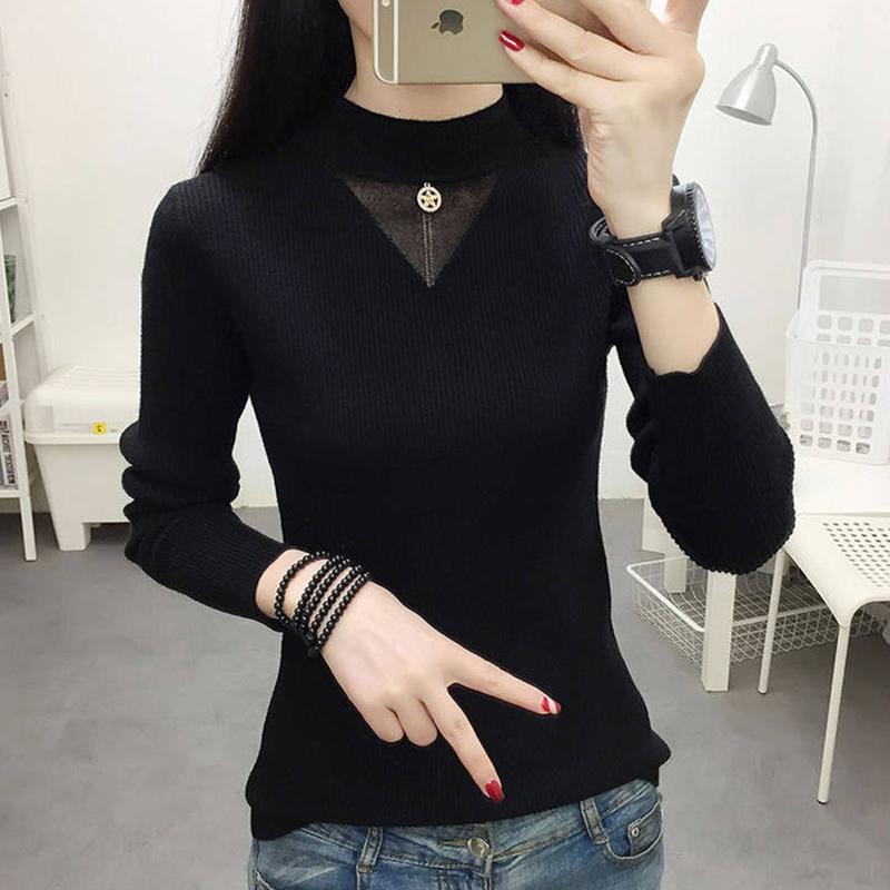 Pofulove Women Turtleneck Pullover Tops Slim  Knit Fall / Winter Hollow Gauze Long sleeve Sweater
