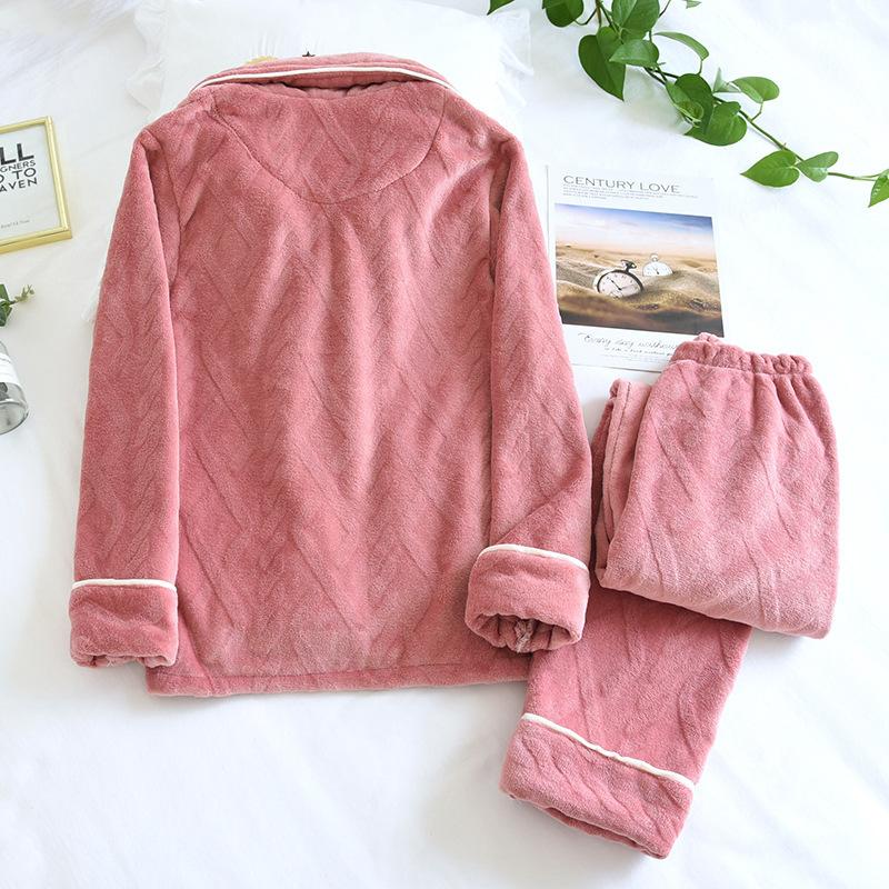 Winter Sleepwear Set Women Coral Fleece Pajamas Suits Flannel Thick Velvet Warm Homewear with Pockets Tops and Pants Long Sleeve Turn-down Collar