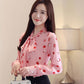 Korean Women's Long-sleeved Chiffon Shirt Lace-up Bow Women Blouse Lady Long Shirt Plus Size Casual Women Chiffon Blouse Puff Sleeve Blouse