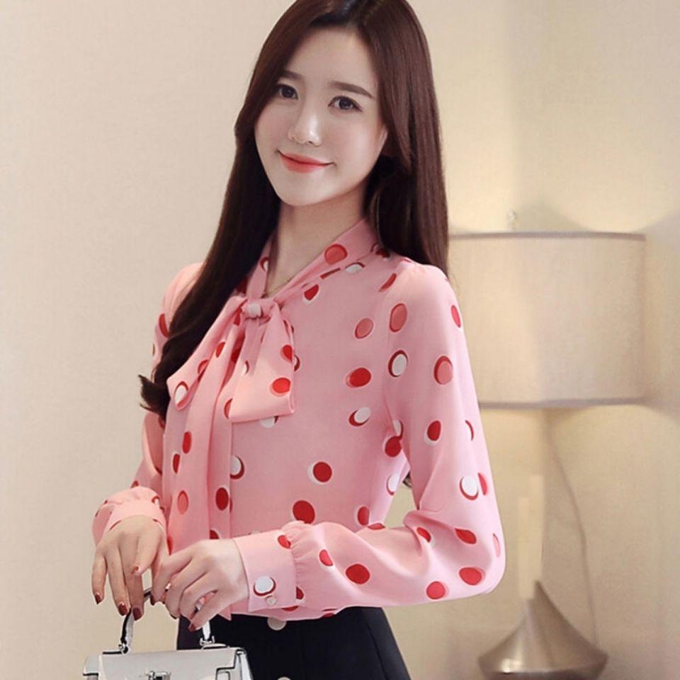 Korean Women's Long-sleeved Chiffon Shirt Lace-up Bow Women Blouse Lady Long Shirt Plus Size Casual Women Chiffon Blouse Puff Sleeve Blouse