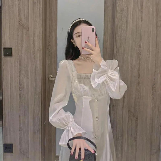 Hepburn Style Sweet and Salty Dress Mid-length Fairy Skirt Gentle White Long Skirt Ankle Fairy Tale