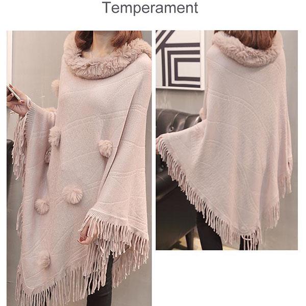 Women's Loose Sweater Outer Wear Fur Collar Batwing Sweater  Hand-woven Tassel Cloak Knit Shawl Autumn Winter