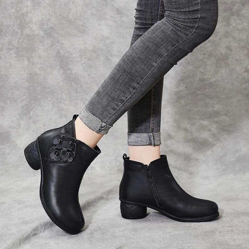 Women's Autumn and Winter Cowhide Plus Cashmere Martin Boots Waterproof Non-slip High Heels Out High Heel Ankle Boots Soft Mother Shoes