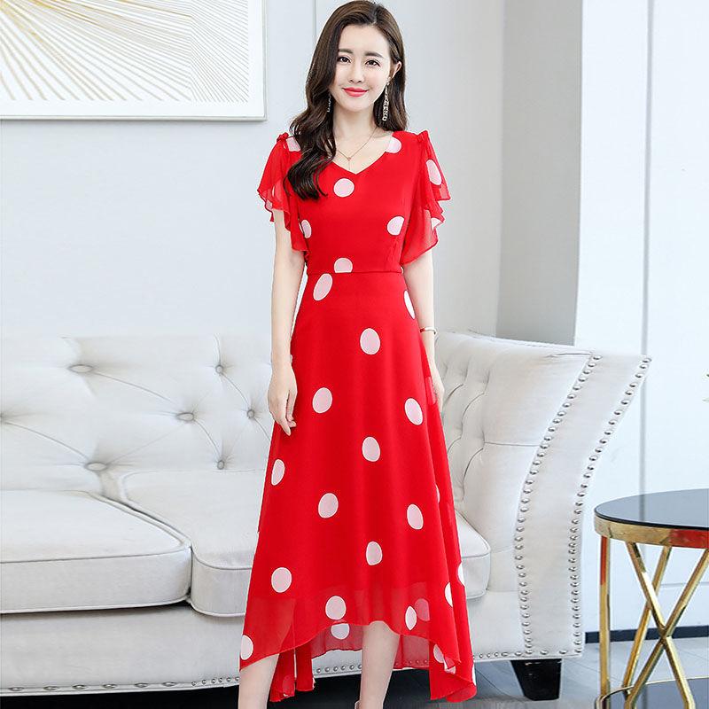 Women's Short Batwing Sleeve Ruffle Polka Dot Chiffon Dress  V-Neck Calf Length Daily Dating Party Office Wear