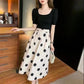 Classic French Suit Women's White Polka Dot Dress Square Collar Black Short-sleeved Top Big Swing A-line Skirt Two-piece Set