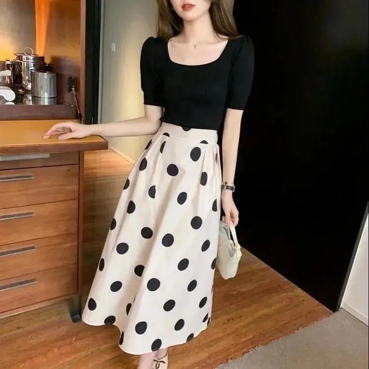 Classic French Suit Women's White Polka Dot Dress Square Collar Black Short-sleeved Top Big Swing A-line Skirt Two-piece Set
