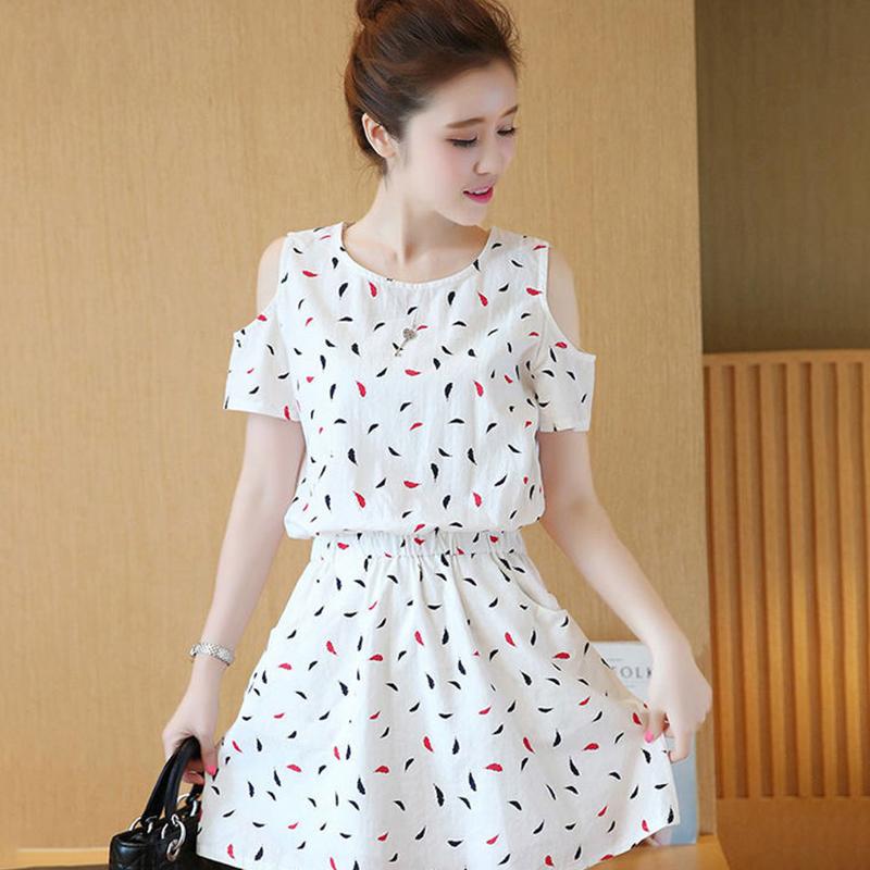 Cotton Short Off-shoulder Dress Floral Waist Slimming Dress Ladies Off-shoulder Dress Cotton Fabric Sweat-absorbent and Breathable