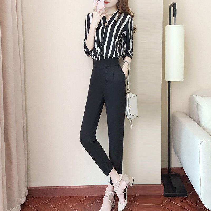 Temperament Suit Two-piece Suit V-neck Long-sleeved Striped Shirt Slimming Suit Pants Two-piece Suit Work Suit Ladies Two-piece Suit