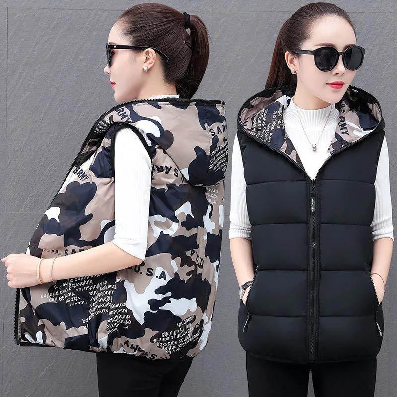 Reversible Hooded Cotton Vest Women's Short Plus Size Thick Winter Waistcoat Vest Jacket