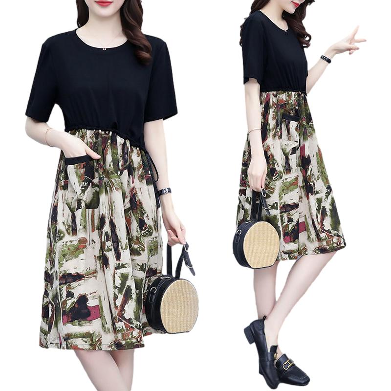 Women's Fake Two-piece Dress Spring Summer Chiffon Print Short Skirt Pocket Long Black Slim Casual Dress