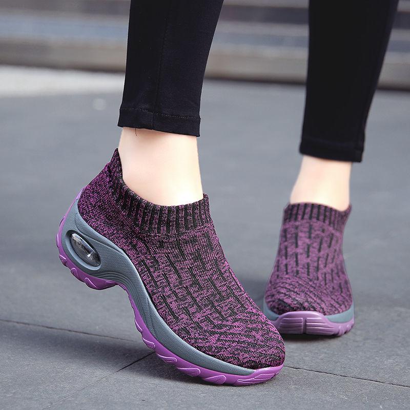 Women's Mid High-heeled Sneakers Casual Breathable Mesh Sports Shoes Running Flat Shoes Slip on Thick-soled Dance Shoes