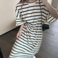 Ladies Long Dress with Belt Stripe Round Neck Slim Base Short Sleeve Loose and Casual Dress